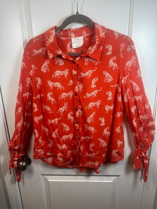 Anthropologie (Margaret Jeane) Tops - Vibrant Anthropologie Margaret Jeane Tiger Print Tie Cuff Blouse Top Size 12